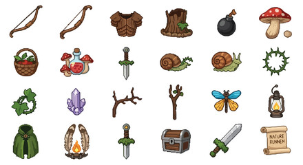 A collection of twenty-four hand-drawn fantasy RPG game icons featuring weapons, nature elements, and adventure items on a white background. © Regina