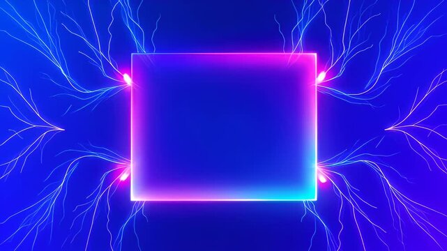 Neon square frame on blue background with glowing electric lines, vibrant abstract light, purple and cyan effects, futuristic empty space, electric streaks, abstract design, SEO friendly visual title