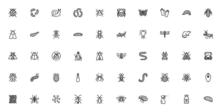 Insects Parasites Pest Control icon set. Vector symbols for ladybug, snail, spider, mosquito, cockroach, pesticide, exterminator and more. Editable stroke.