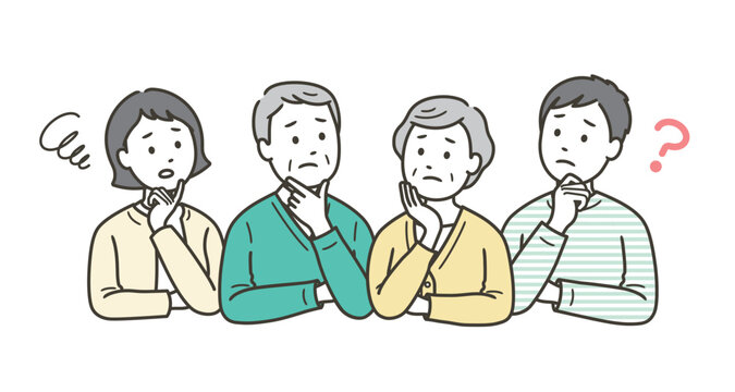 何かを考えている高齢者夫婦と若い夫婦
