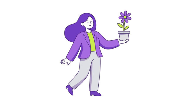 Woman holding flower illustration in flat cartoon style isolated on white background