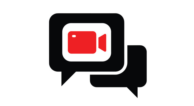 Video communication icon with two speech bubbles and a red camera symbol on a simple white background for apps.