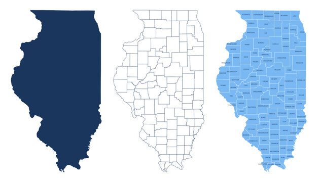 Illinois Counties Map - State Silhouette, County Outline and Labeled Map Vector