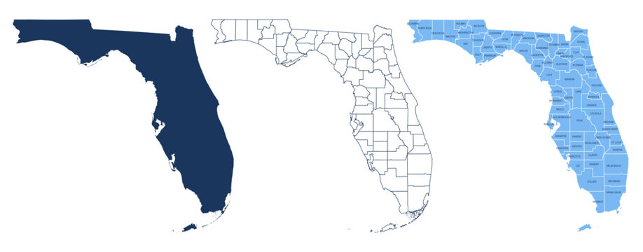 Florida Counties Map with Labels &ndash; State Silhouette and County Boundaries Vector