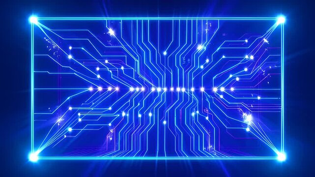 Neon Circuit Board Abstract Technology Background with Glowing Blue Lines and Digital Network, Futuristic Frame, Dark Electronic Pattern, Data Flow, Cyber Design, Electric Light