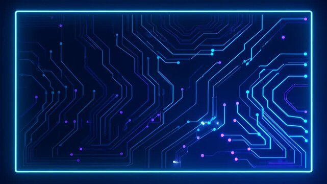 Neon circuit board background with glowing blue and purple line pattern dark technology frame, abstract blue frame with circuit board pattern dark background and glowing electronic line art