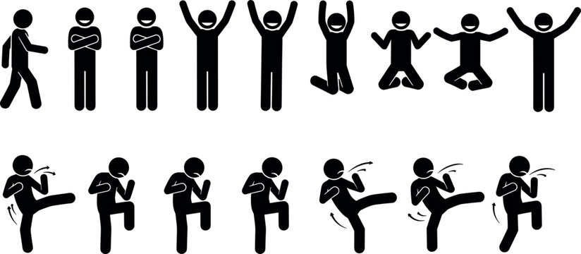 Stick Figure Martial Arts and Human Emotion Poses Set with Fighting Kicks, Celebrating Gestures, and Body Language Silhouettes Vector CollectionStick Figure Martial Arts and Human Emotion Poses Set wi