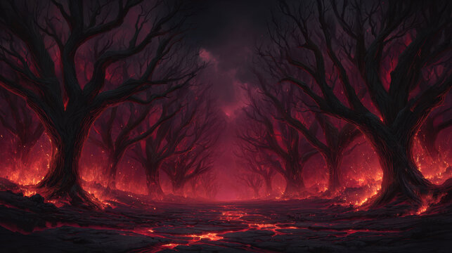 Dark fantasy landscape burning forest fiery tree red glow smoke lava ground eerie scene dark wood charred trunk apocalyptic forest ash inferno glowing embers night dramatic light surreal scene