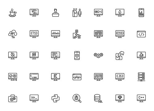 Programming Languages icon set. Vector developer icons pack. Includes Java, Python, JavaScript, C++, HTML, SQL, PHP, code, algorithm, bug, automation and more. Editable stroke.