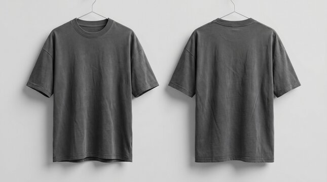 Blank Dark Grey Oversized T-Shirt Mockup Front and Back View Hanging on Wall