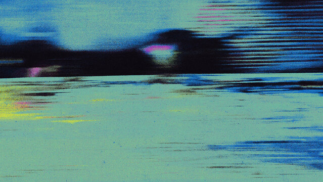 Abstract Halftone Landscape With Dithered Horizon And CMYK Dots Evoking Coastal Scene Under Moody Sky With Glitch Noise