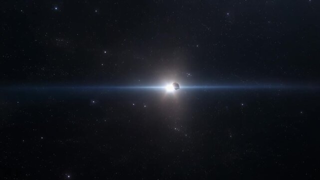 Luminous celestial asteroid drifting through starfield with bright light flare, cinematic motion, symbolizing cosmic exploration, the unknown