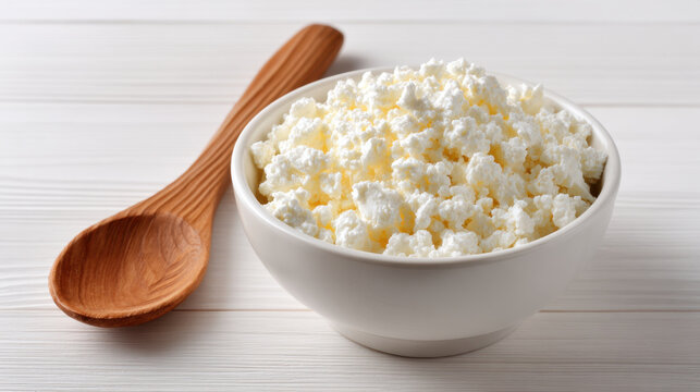 Fresh cottage cheese in white bowl with wooden spoon on white table, fresh dairy food with soft texture and simple still life