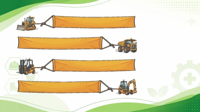 Illustration of various heavy construction and industrial vehicles pulling long orange banners, demonstrating different types of machinery. k3 safety