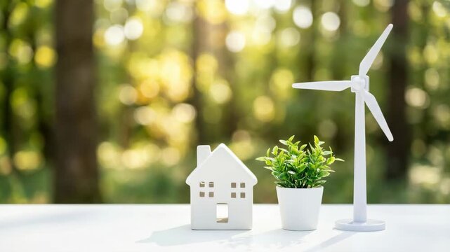 Passive house energy efficiency sustainability conservation ecology innovation savings future renewable green living concept with eco home model plant wind turbine table forest sunlight bokeh