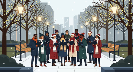Obraz premium A diverse group of carolers singing holiday songs in a park during winter with snow falling and festive lights