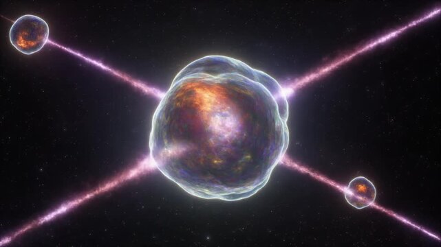 Dynamic atomic fusion illustration, plasma particles radiating energy, orbiting celestial bodies accelerating, representing nuclear power