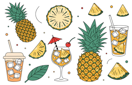 A bright tropical illustration featuring pineapples, slices, and pineapple drinks with straws, umbrellas, and garnishes.