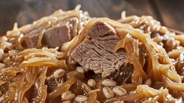 Closeup of a delicious and hearty lamb pilaf with nuts and spices.