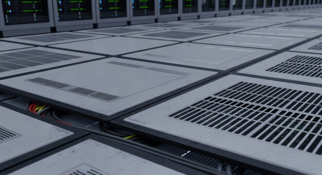 Data Center Server Room with Raised Floor Panels and Networking Infrastructure