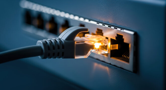 Ethernet Cable Plug Connected into Network Port Router