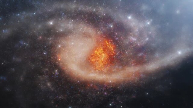 Cinematic zoom into vibrant spiral galaxy with brilliant core, deep space nebulosity and twinkling stars, representing cosmic wonder, exploration