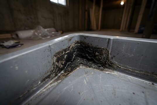 Macro close-up of an industrial dehumidifier tray corner with thick black mold sludge