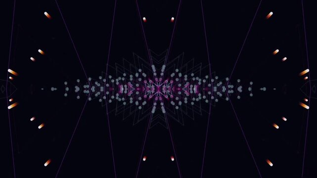 A futuristic abstract animation with dynamic symmetrical patterns. The visuals are dominated by a complex network of purple and white geometric lines (plexuses) against a pitch-black background.