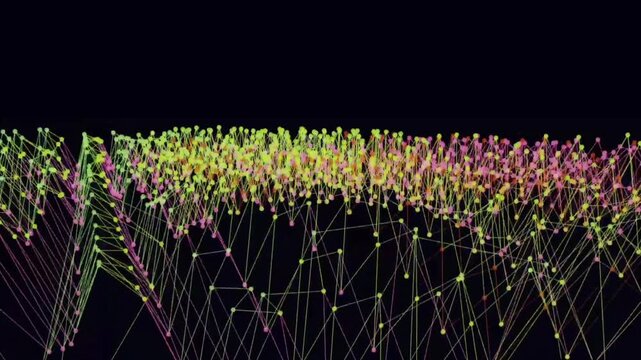 An abstract data visualization that displays a web of interconnected plexus structures or particles in three-dimensional space.