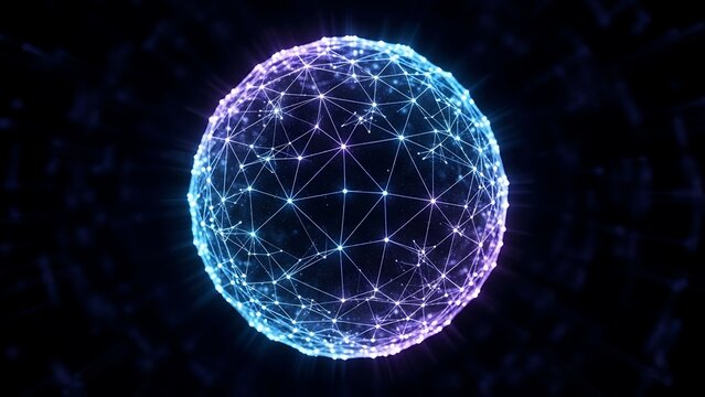 Futuristic digital network sphere with glowing blue and purple plexus lines, abstract global technology communication globe, 3D data visualization