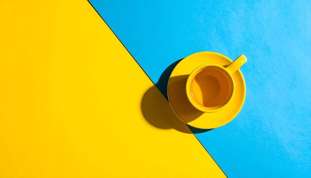 Top view of an empty yellow teacup and saucer on a vibrant split two-tone yellow and blue background. Minimalist flat lay with hard shadows and copy space.