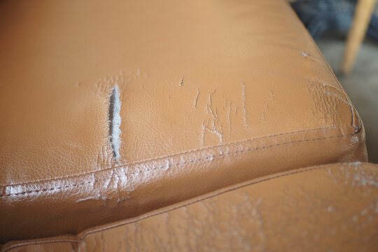 Leather couch shows signs of wear and tear on surface