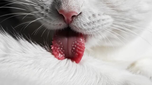 Close up of a white cat licking tongue while grooming fur