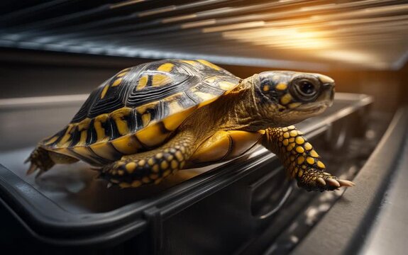 Close-up View of a Colorful Turtle in a Modern Habitat Setting
