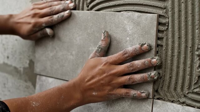 This shows a person installing a tile in a bathroom with a notched trowel and gray grout. The tile installation process is a crucial part of home renovation and construction.