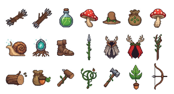 A collection of twenty-one pixel art vector icons featuring fantasy adventure items like potions, mushrooms, weapons, and woodland-themed gear.