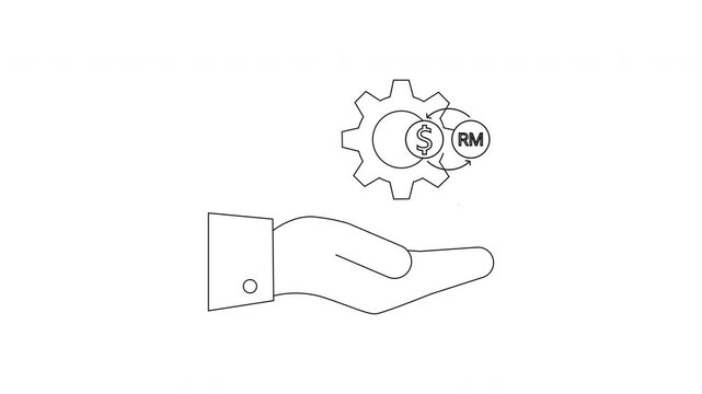 Hand holding gear with dollar and ringgit coins symbolizing financial management.