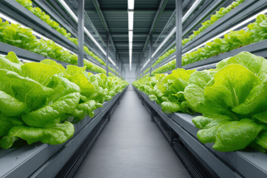 Indoor greenhouse with hydroponic lettuce rows in organized vertical farm, fresh green leafy crop growing under bright lights