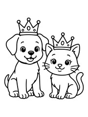 Fototapeta premium Royal Friends: A charming black-and-white illustration of a regal puppy and kitten, each crowned with a delicate tiara, exuding charm and playfulness.