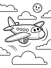 Fototapeta premium Cartoon Airplane in the Sky: A whimsical depiction of an airplane soaring through a sky dotted with fluffy clouds, capturing the magic and wonder of travel and adventure.