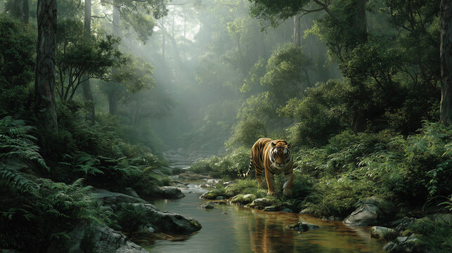 Tiger in Rainforest: A majestic tiger emerges from a rainforest scene, walking along a stream. Sunlight filters through the lush canopy, illuminating the vibrant ecosystem. 