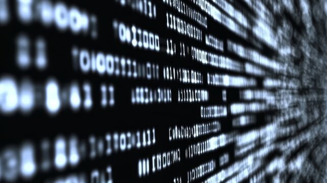 Black and white binary code matrix abstract digital data streams and computer programming concepts.
