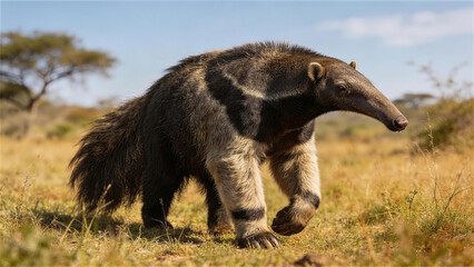 Fototapeta premium Giant Anteater Strolling: A solitary giant anteater gracefully strolls across an open savanna, its long snout and distinctive coat marking it a unique figure amidst the wilderness.