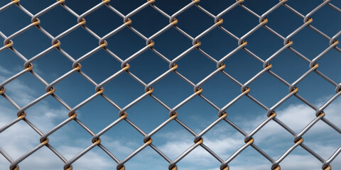 Fototapeta premium Chain link fence security fence metal fence wire mesh barrier against blue sky with cloud