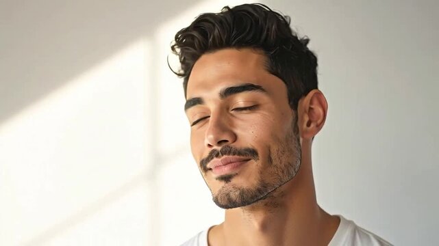 Portrait of a handsome young man looking up with a thoughtful expression against a white background.