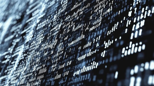 Digital data stream abstract binary code matrix on computer screen display, abstract digital data stream represented by binary code on a computer screen.