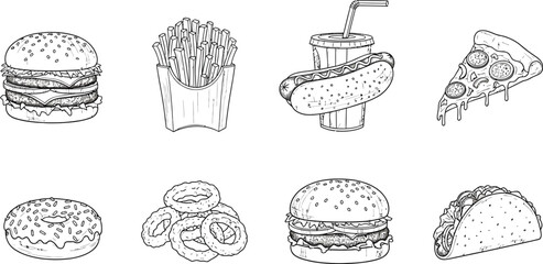 Hand drawn fast food collection burgers fries and drinks in a sketch style © Graphicslover