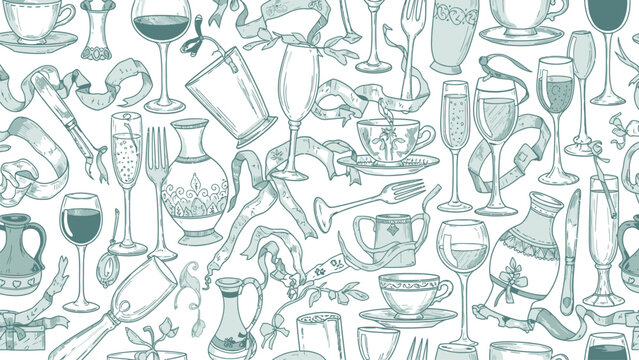 Vintage cutlery and glassware seamless pattern in delicate green tones