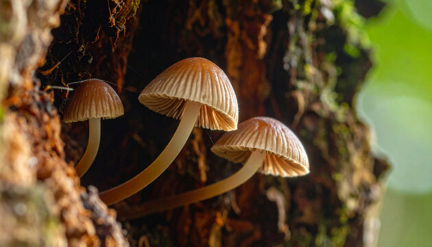 Close up of three small mushrooms growing on a tree trunk
