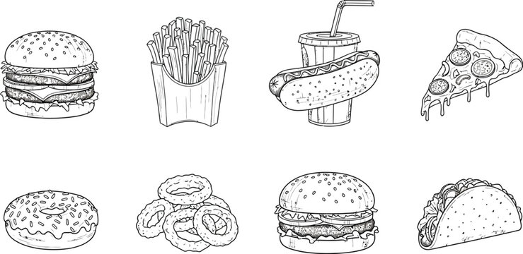 Hand drawn fast food collection burgers fries and drinks in a sketch style